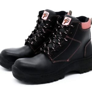 Borceguí de seguridad para mujer Ten-Pac Delta en color negro y rosa, vista de perfil.