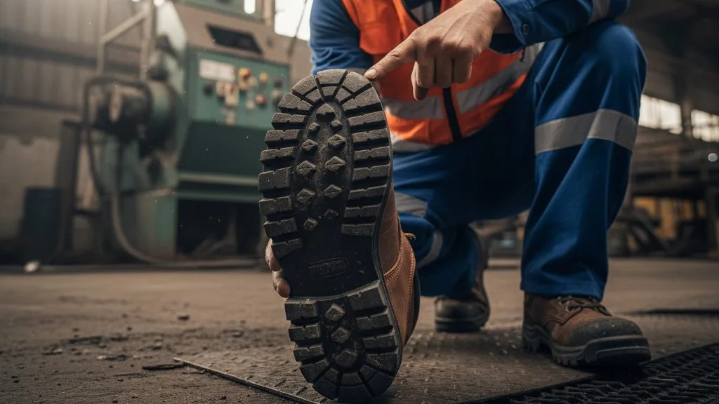 Trabajador industrial inspeccionando de cerca la suela de su bota de seguridad Tenpac en un entorno de construcción.