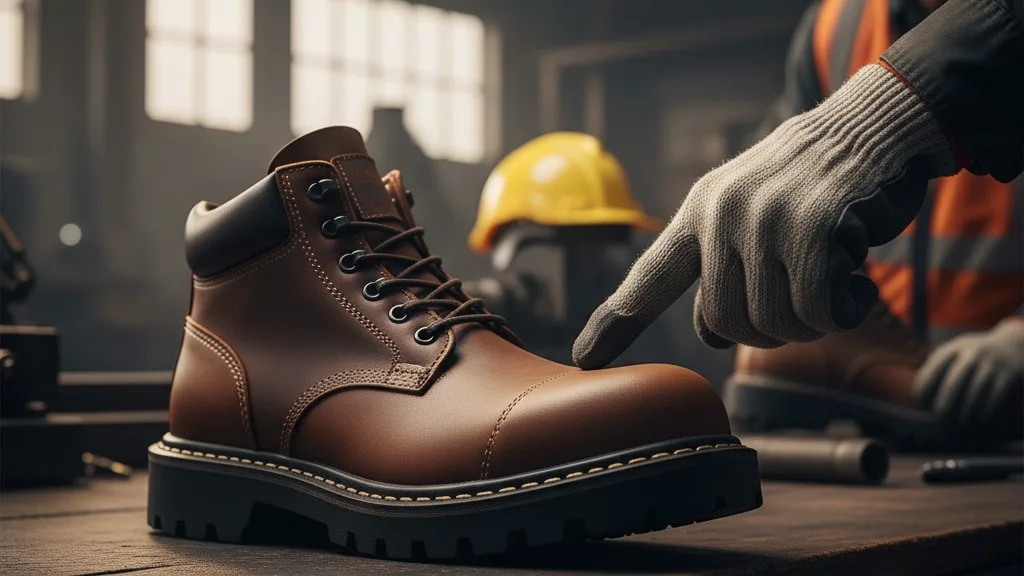 Detalle de la mano de un trabajador industrial inspeccionando las costuras y la unión de la suela de una bota de trabajo Tenpac de alta resistencia